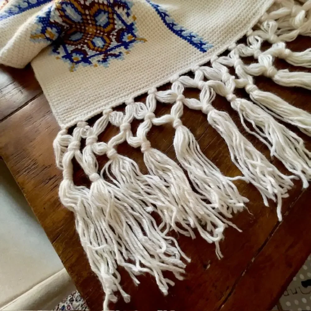 Handmade Knitted Needlepoint Style Afghan Throw Blanket 40x60 Blue Gold Cottage